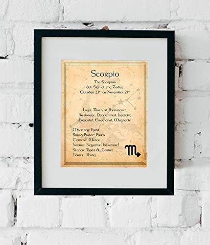 Scorpio-The Scorpion Zodiac Sign Wall Art. 8 x 10" Print Wall Print-Ready to Frame. Constellation Design-Astrology Decor for Home-Office-Bedroom. Horoscope's Adjectives-Primary Elements. Great Gift!