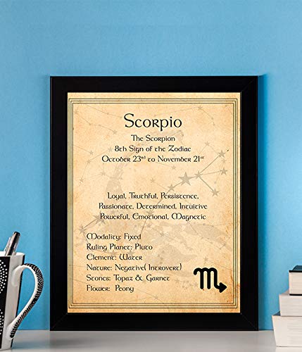 Scorpio-The Scorpion Zodiac Sign Wall Art. 8 x 10" Print Wall Print-Ready to Frame. Constellation Design-Astrology Decor for Home-Office-Bedroom. Horoscope's Adjectives-Primary Elements. Great Gift!