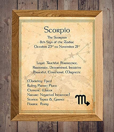 Scorpio-The Scorpion Zodiac Sign Wall Art. 8 x 10" Print Wall Print-Ready to Frame. Constellation Design-Astrology Decor for Home-Office-Bedroom. Horoscope's Adjectives-Primary Elements. Great Gift!