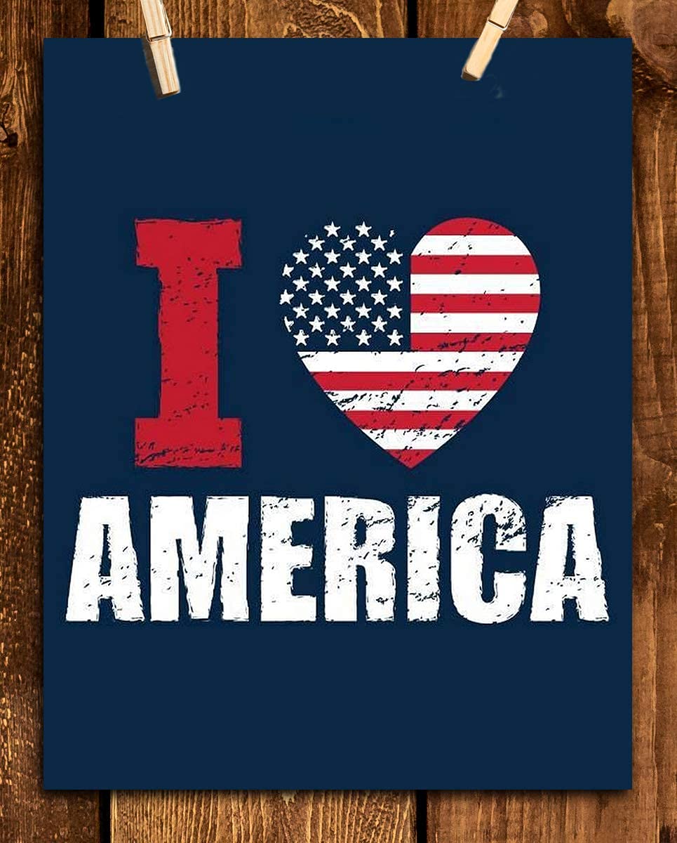 I Love America- 8 x10" Poster Print. Patriotic Wall Art Sign-Ready To Frame. Modern Typographic Design. Distressed Flag Decor for Home-Office-Garage-Bar-Restaurant. Show Your Love of the USA!