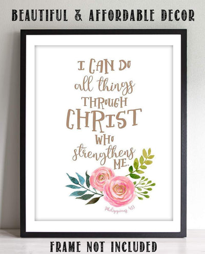 I Can Do ALL Things Thru Christ Philippians 4:13- Bible Verse Wall Art- 8x10"- Scripture Wall Print-Ready to Frame. Modern Floral Design. Home Decor-Office D?cor-Christian Gifts. God Gives Us Power!