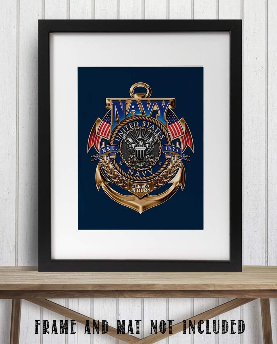 United States Navy-Gold Anchor Crest- 8 x 10"- Naval Wall Art Prints- Ready To Frame-"The Sea is Ours" -Replica Poster Prints. Home-Office-Military Decor. Beautiful Crest-Emblem to Show Navy Pride!