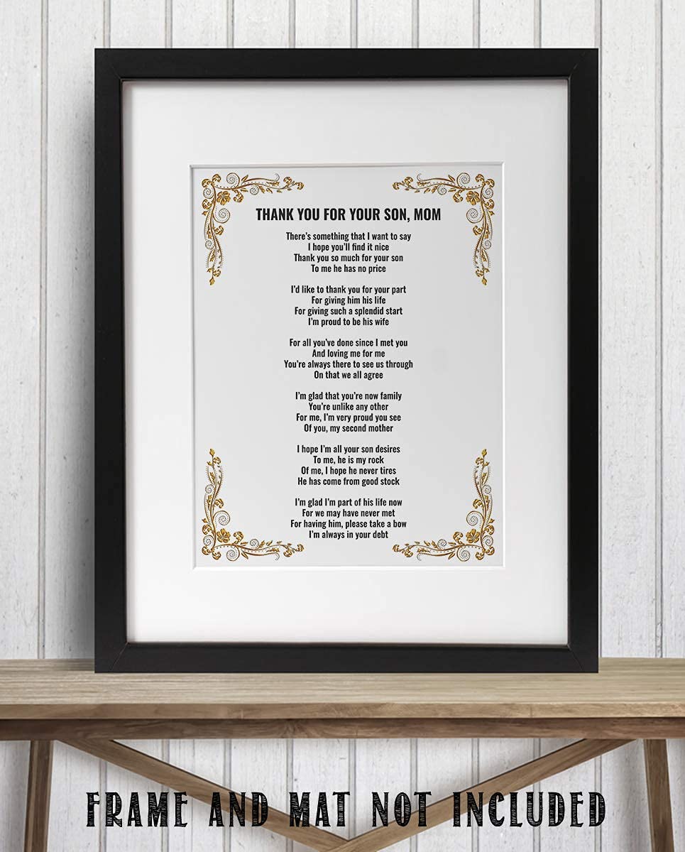Thank You For Your Son, Mom- 8 x 10"-Wall Art Print-Ready to Frame. Simple, Heartfelt Loving Message Saying Thank You-Great Job! Perfect Keepsake Wedding Gift for Mother-in-Law. Mothers Will Love!