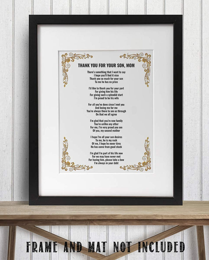 Thank You For Your Son, Mom- 8 x 10"-Wall Art Print-Ready to Frame. Simple, Heartfelt Loving Message Saying Thank You-Great Job! Perfect Keepsake Wedding Gift for Mother-in-Law. Mothers Will Love!