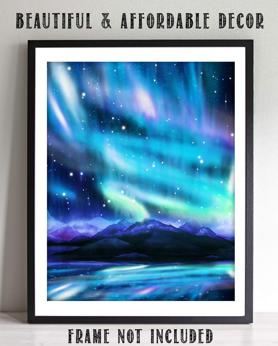 Northern Lights &amp; Stars Wall Art- Mountain View with Stars &amp; Aurora Borealis- 8 x 10" Wall Art Prints- Ready to Frame. Home D?cor, Office Decor &amp; Kids Bedroom Wall Decor. Beautiful Natural Art Print.
