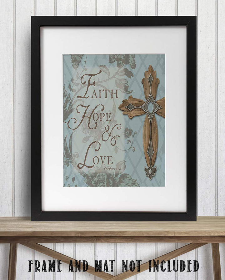 Faith, Hope &amp; Love-1 Corinthians 13:13- Bible Verse Wall Art- 8x10"- Scripture Wall Print-Ready to Frame. Elegant Typographic &amp; Floral Design. Home, Church &amp; Office D?cor. Perfect Christian Gift.
