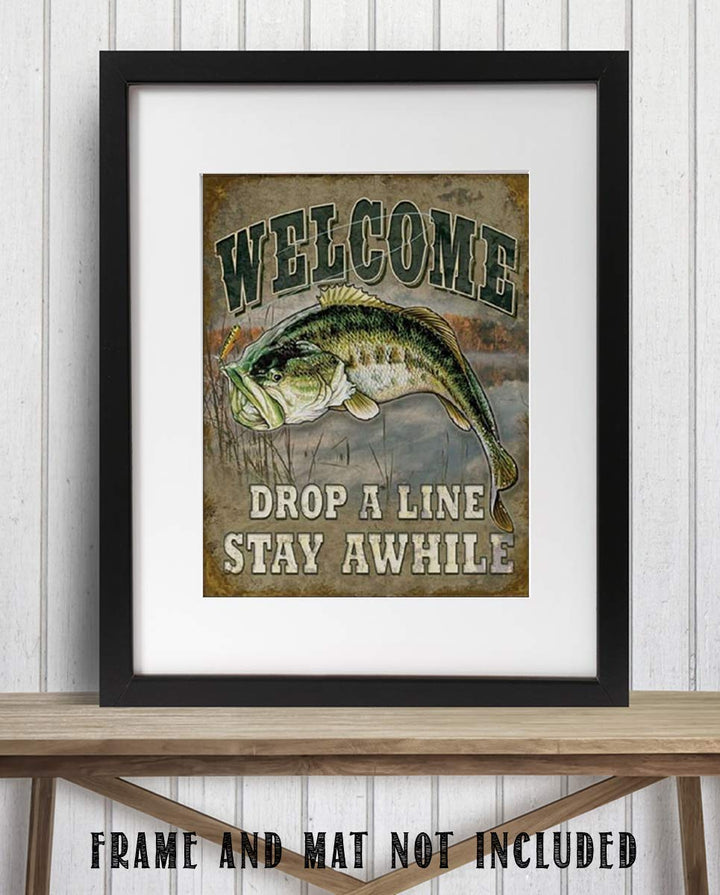 Welcome- Rustic Fishing Wall Print- 8 x 10" Distressed Art Print- Ready to Frame. Perfect Wall Decor for Home-Cabin-Lodge-Lake. Great Gift for Fishermen-Tellin Tall Tales. Printed on Photo Paper.
