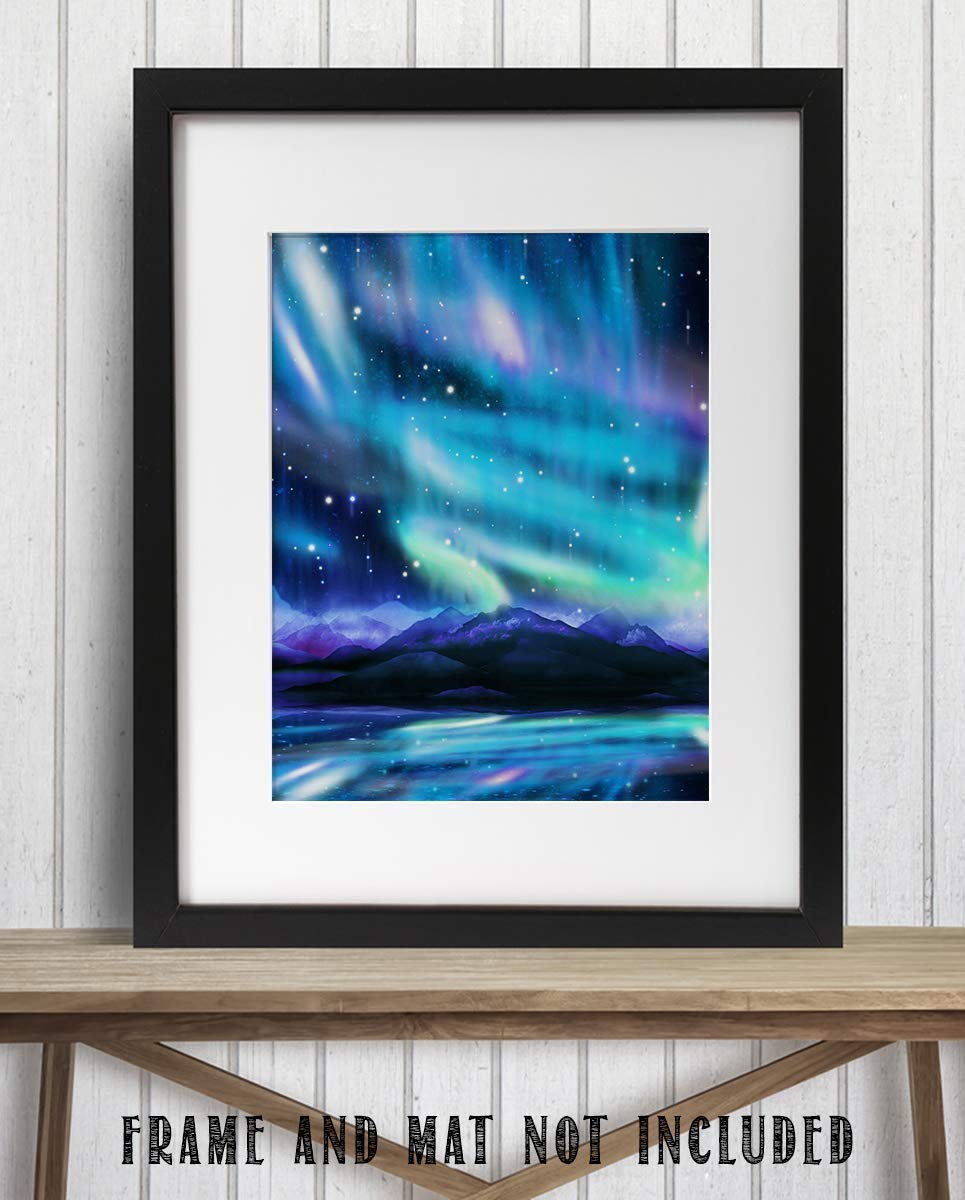 Northern Lights &amp; Stars Wall Art- Mountain View with Stars &amp; Aurora Borealis- 8 x 10" Wall Art Prints- Ready to Frame. Home D?cor, Office Decor &amp; Kids Bedroom Wall Decor. Beautiful Natural Art Print.