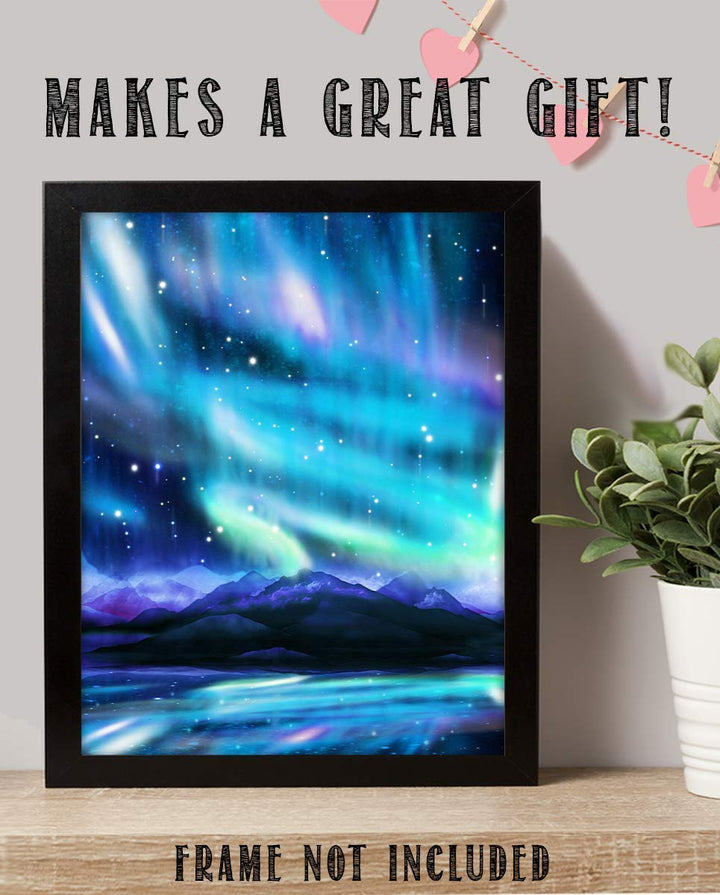 Northern Lights &amp; Stars Wall Art- Mountain View with Stars &amp; Aurora Borealis- 8 x 10" Wall Art Prints- Ready to Frame. Home D?cor, Office Decor &amp; Kids Bedroom Wall Decor. Beautiful Natural Art Print.