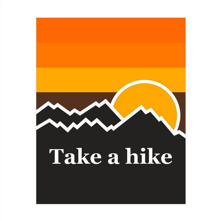 Take A Hike- Rustic Cabin Wall Decor -8 x 10" Retro Sunset Mountains Print-Ready to Frame. Perfect Wall Decor for Lake House-Lodge. Humorous Reminder to Get Out &amp; Enjoy the Great Outdoors!