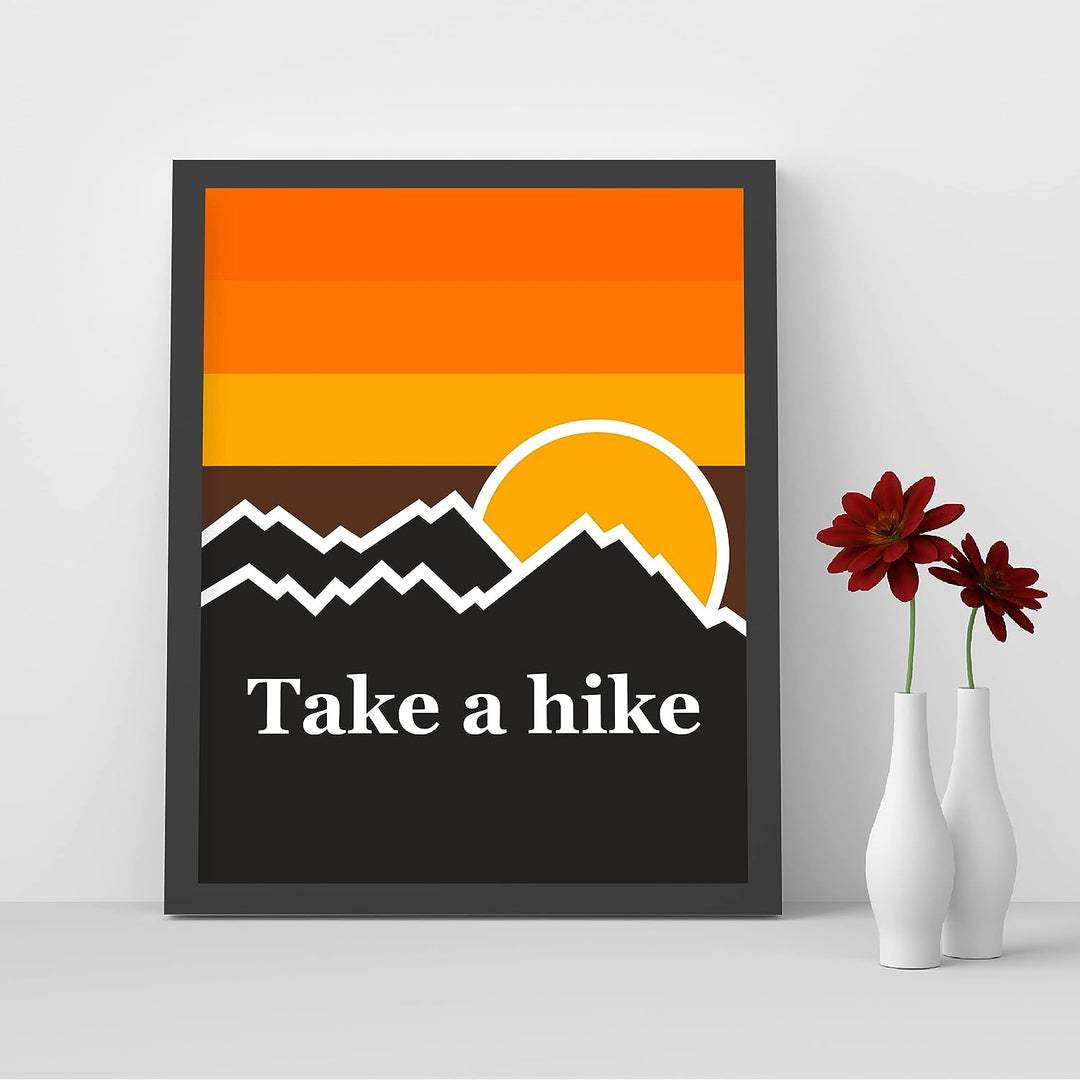 Take A Hike- Rustic Cabin Wall Decor -8 x 10" Retro Sunset Mountains Print-Ready to Frame. Perfect Wall Decor for Lake House-Lodge. Humorous Reminder to Get Out &amp; Enjoy the Great Outdoors!