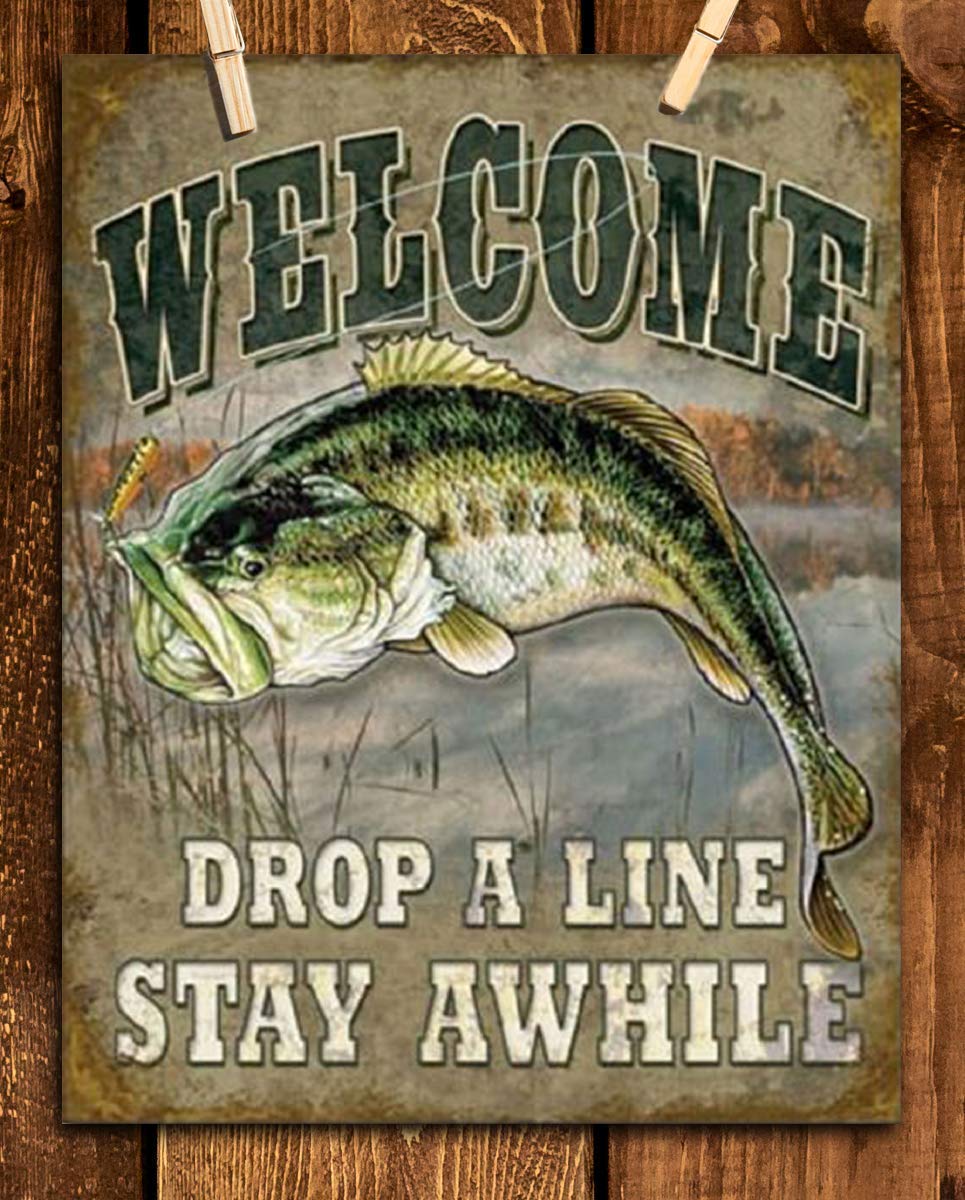 Welcome- Rustic Fishing Wall Print- 8 x 10" Distressed Art Print- Ready to Frame. Perfect Wall Decor for Home-Cabin-Lodge-Lake. Great Gift for Fishermen-Tellin Tall Tales. Printed on Photo Paper.