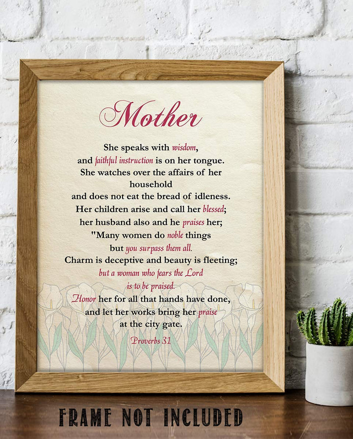 Mother- Honor &amp; Praise Proverbs 31- Bible Verse Art-8 x 10 Scripture Wall Art-Ready to Frame. Modern Typographic Floral Print. Home-Office D?cor. Lifetime Keepsake Gift for Any Mother &amp; In-Laws.