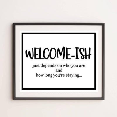 Welcome-Ish, Just Depends On Who You Are-Funny Welcome Sign Wall Art -14x11" Rustic Farmhouse Print-Ready to Frame. Modern Typographic Design. Humorous Home-Guest Room-Patio-Lake-Beach House Decor!