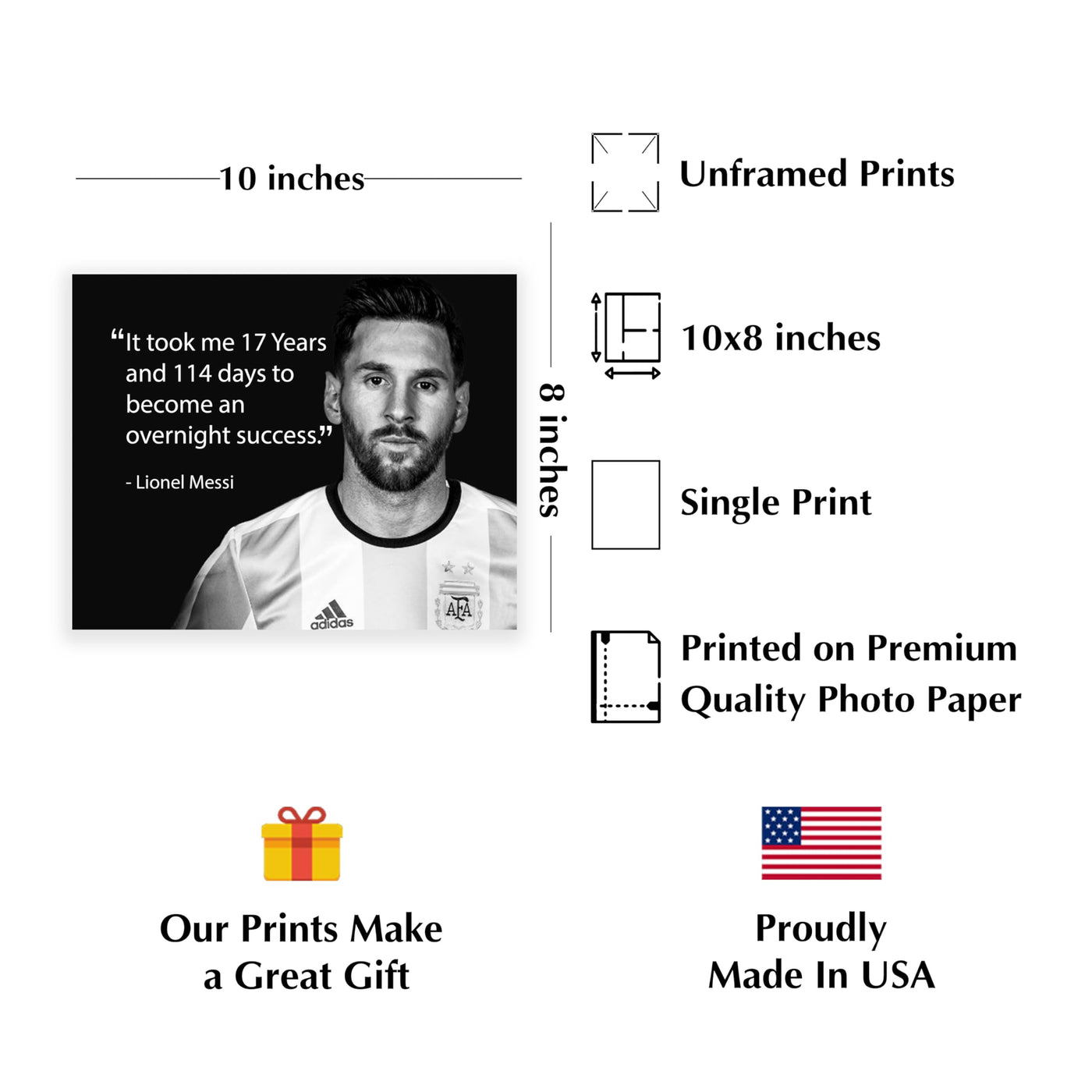 "Messi's Path to Success - 17 Years" - Inspirational Soccer Quote Wall Art Print - Motivational Wall Decor for Bedroom, Home, Office and Classroom