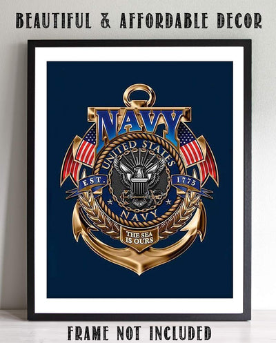 United States Navy-Gold Anchor Crest- 8 x 10"- Naval Wall Art Prints- Ready To Frame-"The Sea is Ours" -Replica Poster Prints. Home-Office-Military Decor. Beautiful Crest-Emblem to Show Navy Pride!