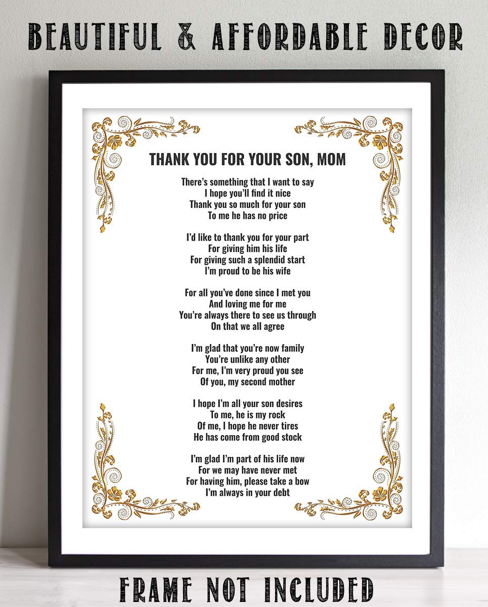 Thank You For Your Son, Mom- 8 x 10"-Wall Art Print-Ready to Frame. Simple, Heartfelt Loving Message Saying Thank You-Great Job! Perfect Keepsake Wedding Gift for Mother-in-Law. Mothers Will Love!