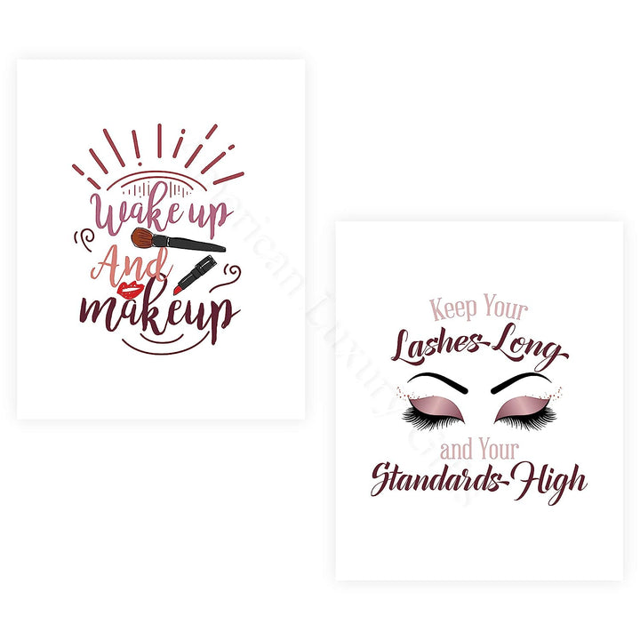 Wake Up &amp; Make Up &amp;"Keep Your Lashes Long-Standards High" Funny Bathroom Sign Set (2)- 8 x 10" Wall Art Prints-Ready to Frame. Home-Girls Bedroom-Bathroom Decor. Perfect Vanity-Salon Decorations!