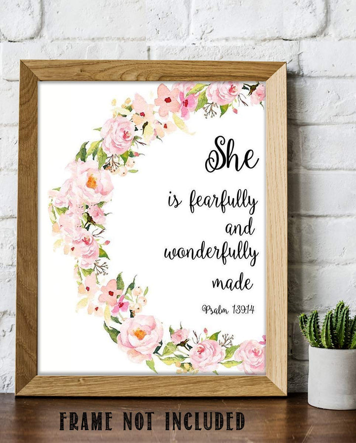 She Is Fearfully &amp; Wonderfully Made- Psalm 139:14- Bible Verse Wall Art- 8x10"- Floral Scripture Wall Print-Ready to Frame. Home D?cor-Office D?cor-Christian Gifts. Let Her Know How You Feel!