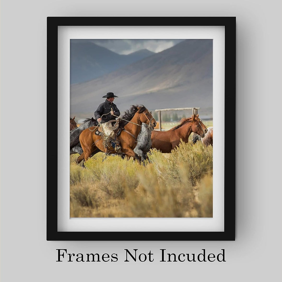 Cowboy Rounding Up Horses- Western Wall Art Sign- 10 x 8"- Mountain Landscape Photo Print -Ready to Frame. Country Rustic Decor for Home-Lodge-Camp-Cabin. Great Gift for Cowboys &amp; Horse Lovers!