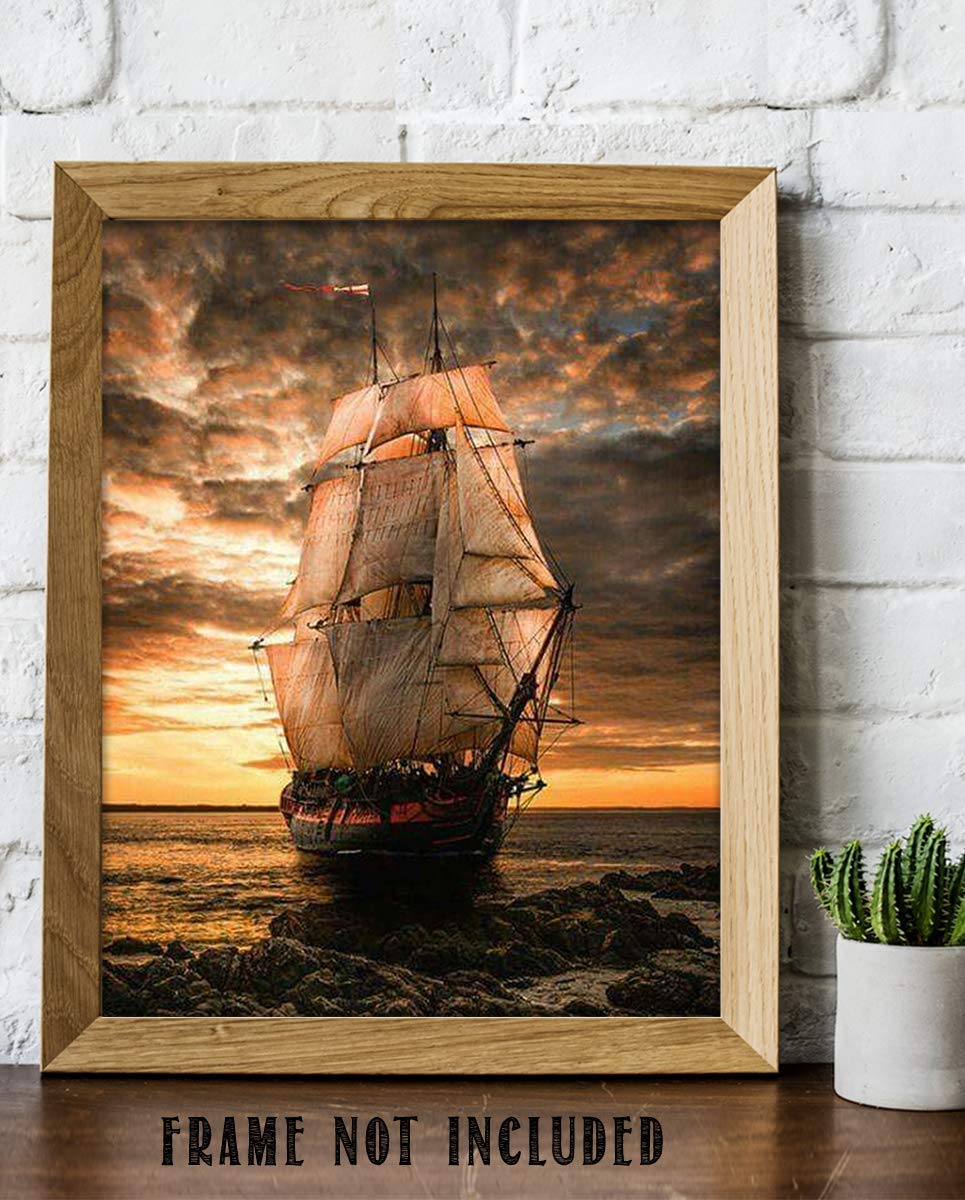 Blackbeards Pearl Pirate Ship- 8 x10" Wall Art Print- Ready To Frame. Great Mens Gift- Home Decor- Office Decor. Great for Man Cave- Rec Room-Study. Beautiful Clipper Ship & Sailing Art.