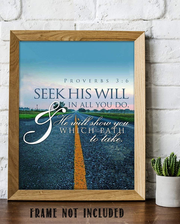 Seek His Will, He Will Show You Path Proverbs 3:6- Bible Verse Wall Art-8x10"- Modern Typographic Design Print. Scripture Poster Print-Ready to Frame. Home-Office-Church D?cor. Great Christian Gift.