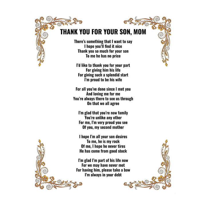 Thank You For Your Son, Mom- 8 x 10"-Wall Art Print-Ready to Frame. Simple, Heartfelt Loving Message Saying Thank You-Great Job! Perfect Keepsake Wedding Gift for Mother-in-Law. Mothers Will Love!
