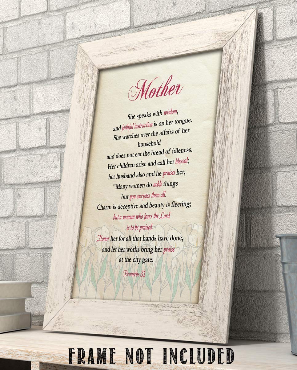 Mother- Honor &amp; Praise Proverbs 31- Bible Verse Art-8 x 10 Scripture Wall Art-Ready to Frame. Modern Typographic Floral Print. Home-Office D?cor. Lifetime Keepsake Gift for Any Mother &amp; In-Laws.