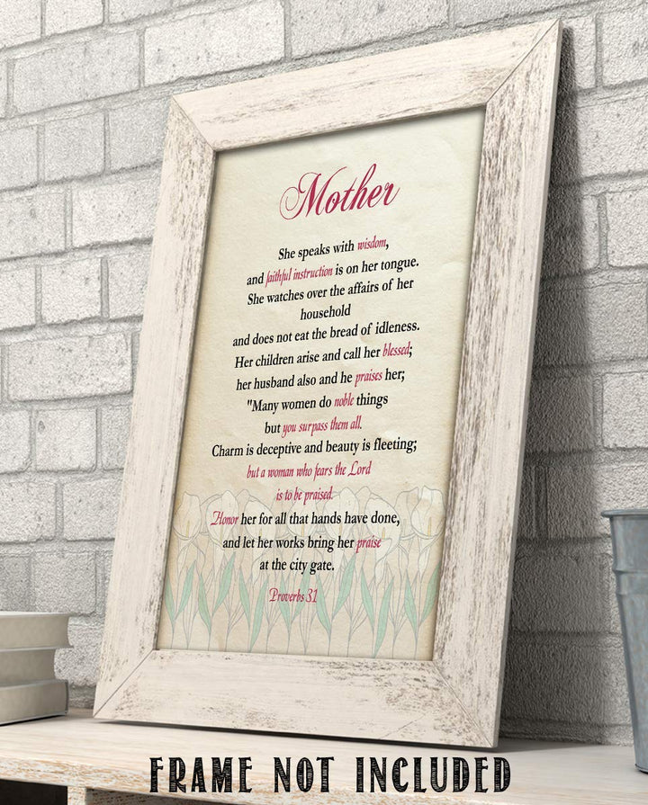 Mother- Honor &amp; Praise Proverbs 31- Bible Verse Art-8 x 10 Scripture Wall Art-Ready to Frame. Modern Typographic Floral Print. Home-Office D?cor. Lifetime Keepsake Gift for Any Mother &amp; In-Laws.