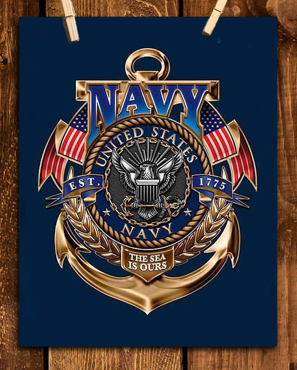 United States Navy-Gold Anchor Crest- 8 x 10"- Naval Wall Art Prints- Ready To Frame-"The Sea is Ours" -Replica Poster Prints. Home-Office-Military Decor. Beautiful Crest-Emblem to Show Navy Pride!