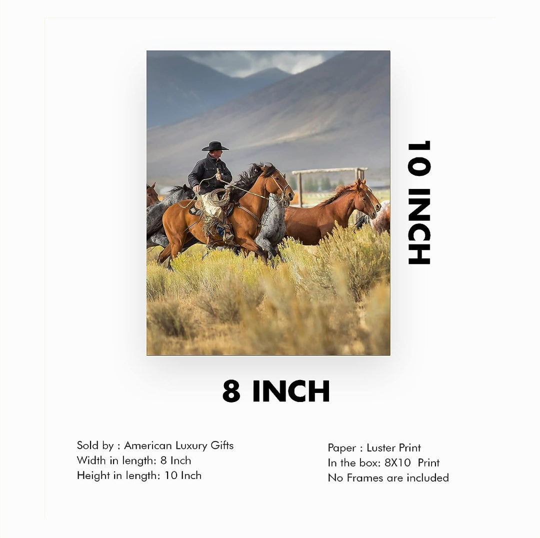 Cowboy Rounding Up Horses- Western Wall Art Sign- 10 x 8"- Mountain Landscape Photo Print -Ready to Frame. Country Rustic Decor for Home-Lodge-Camp-Cabin. Great Gift for Cowboys &amp; Horse Lovers!