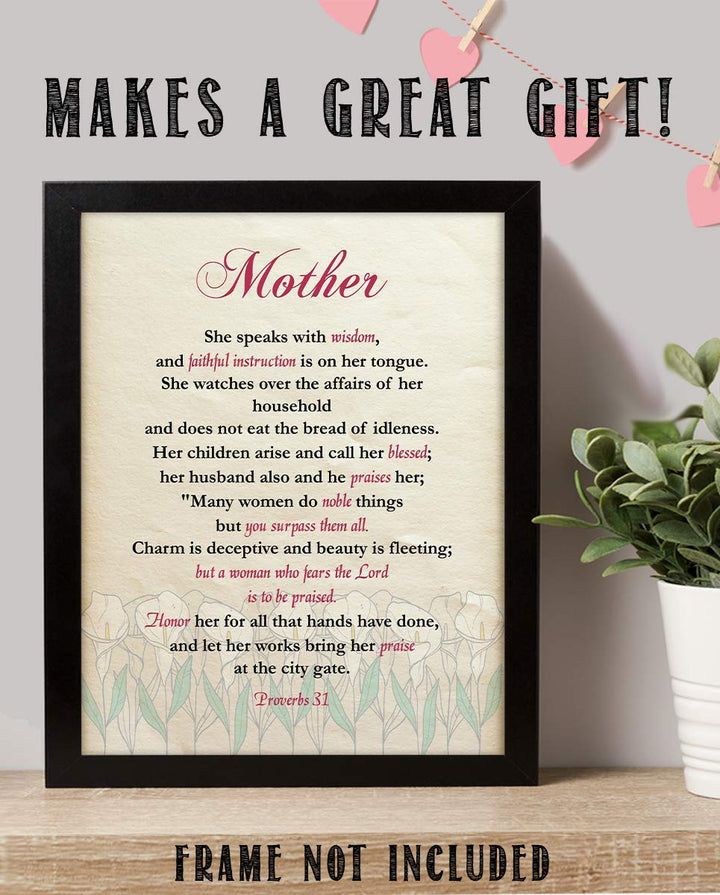 Mother- Honor &amp; Praise Proverbs 31- Bible Verse Art-8 x 10 Scripture Wall Art-Ready to Frame. Modern Typographic Floral Print. Home-Office D?cor. Lifetime Keepsake Gift for Any Mother &amp; In-Laws.