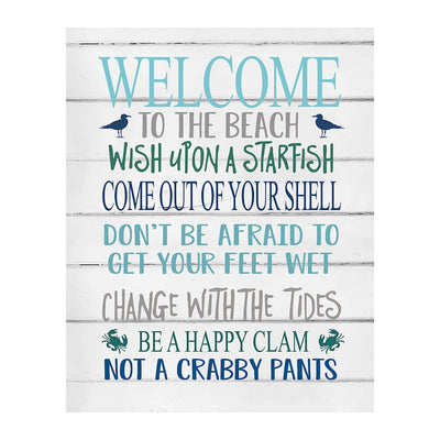 Welcome to the Beach Inspirational Beach-Ocean Themed Sign-11 x 14" Wall Art Print-Ready to Frame. Rustic Distressed Wood Design. Perfect Home-Beach House-Nautical Decor! Printed on Paper-Not Wood.