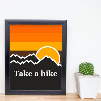 Take A Hike- Rustic Cabin Wall Decor -8 x 10" Retro Sunset Mountains Print-Ready to Frame. Perfect Wall Decor for Lake House-Lodge. Humorous Reminder to Get Out & Enjoy the Great Outdoors!