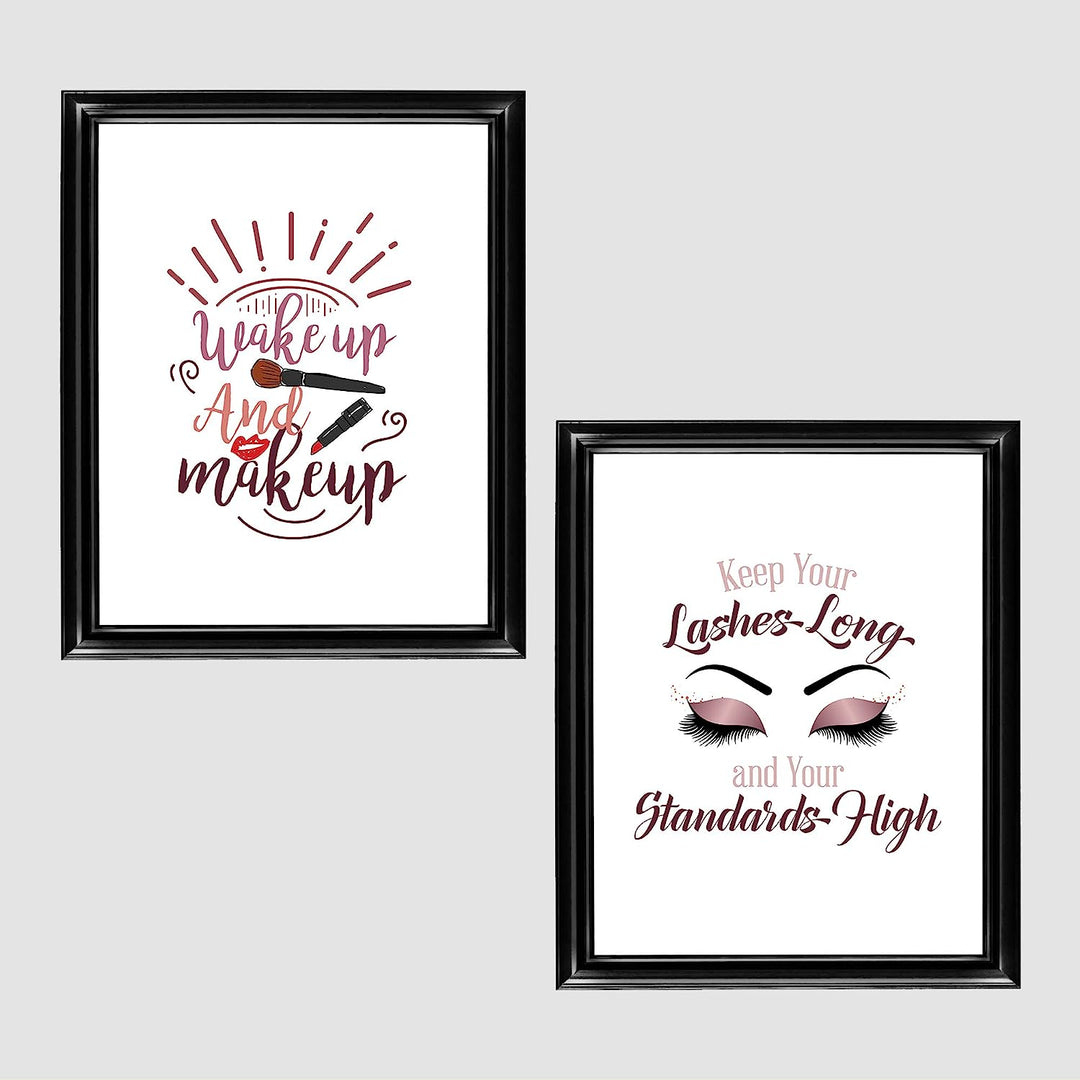 Wake Up &amp; Make Up &amp;"Keep Your Lashes Long-Standards High" Funny Bathroom Sign Set (2)- 8 x 10" Wall Art Prints-Ready to Frame. Home-Girls Bedroom-Bathroom Decor. Perfect Vanity-Salon Decorations!