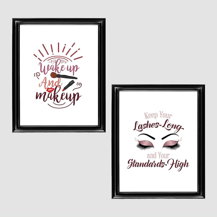 Wake Up &amp; Make Up &amp;"Keep Your Lashes Long-Standards High" Funny Bathroom Sign Set (2)- 8 x 10" Wall Art Prints-Ready to Frame. Home-Girls Bedroom-Bathroom Decor. Perfect Vanity-Salon Decorations!