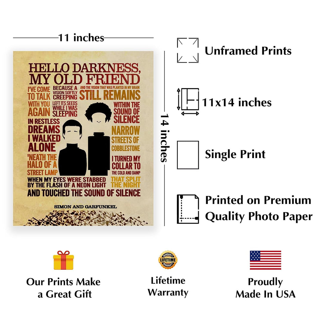 Simon &amp; Garfunkel-"The Sound of Silence"-Song Lyric Wall Art Sign -11 x 14" Distressed Typographic Music Print-Ready to Frame. Home-Studio-Bar-Man Cave Decor. Perfect for All Folk Rock Music Fans!