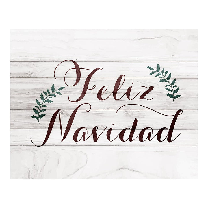 Feliz Navidad Rustic Holiday Sign -14 x 11" Festive Merry Christmas Wall Art Print w/Replica Wood Design-Ready to Frame. Typographic Home-Kitchen-Farmhouse-Welcome Decor. Printed on Paper.
