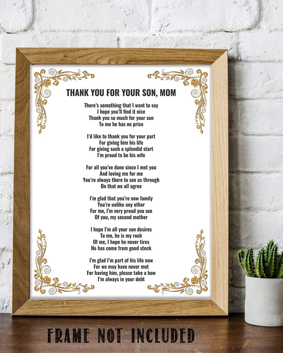 Thank You For Your Son, Mom- 8 x 10"-Wall Art Print-Ready to Frame. Simple, Heartfelt Loving Message Saying Thank You-Great Job! Perfect Keepsake Wedding Gift for Mother-in-Law. Mothers Will Love!