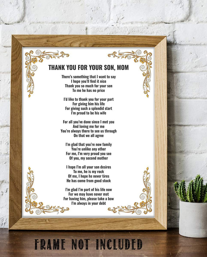 Thank You For Your Son, Mom- 8 x 10"-Wall Art Print-Ready to Frame. Simple, Heartfelt Loving Message Saying Thank You-Great Job! Perfect Keepsake Wedding Gift for Mother-in-Law. Mothers Will Love!