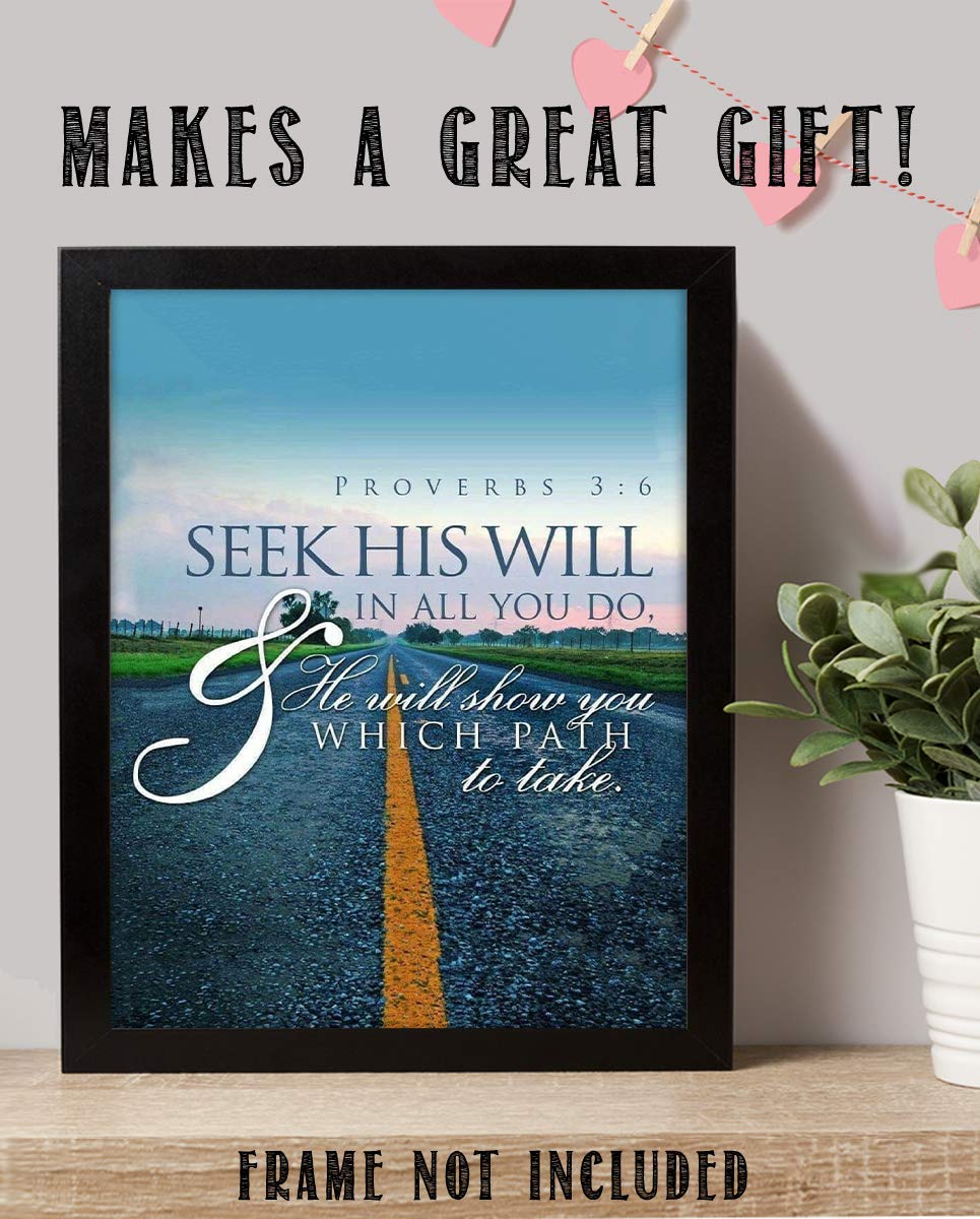 Seek His Will, He Will Show You Path Proverbs 3:6- Bible Verse Wall Art-8x10"- Modern Typographic Design Print. Scripture Poster Print-Ready to Frame. Home-Office-Church D?cor. Great Christian Gift.