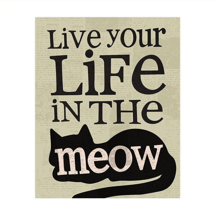 Live Your Life in the Meow Funny Cats Wall Decor-8 x 10" Typographic Sign Print w/Cat Image-Ready to Frame. Perfect Home-Office-Desk-Vet Clinic Decor. Fun Gift for Cat Owners &amp; All Pet Lovers!