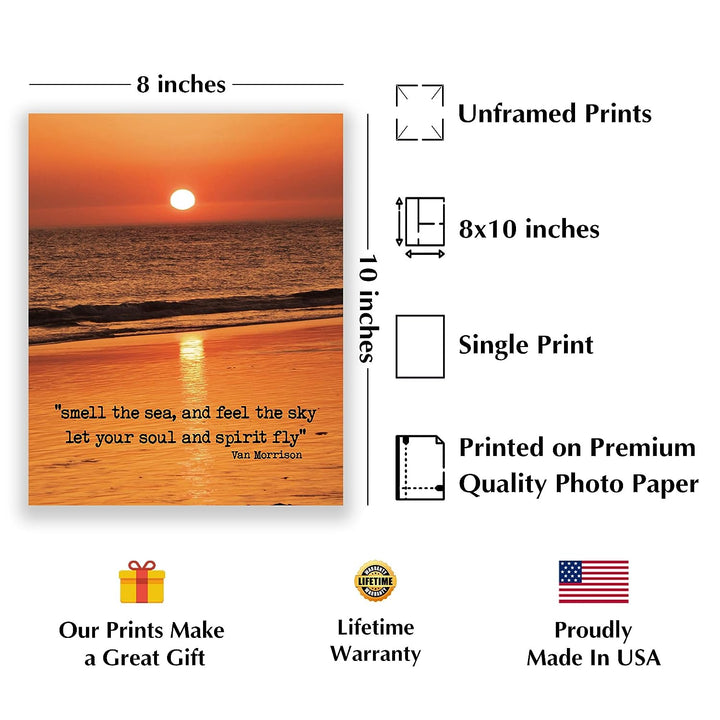 Smell the Sea and Feel the Sky-Van Morrison Song Lyrics -Beach Sunset Photo -8 x 10" Rock Music Wall Art Print -Ready to Frame. Home-Studio-Bar-Cave-Ocean Themed Decor. Great Gift for Fans!
