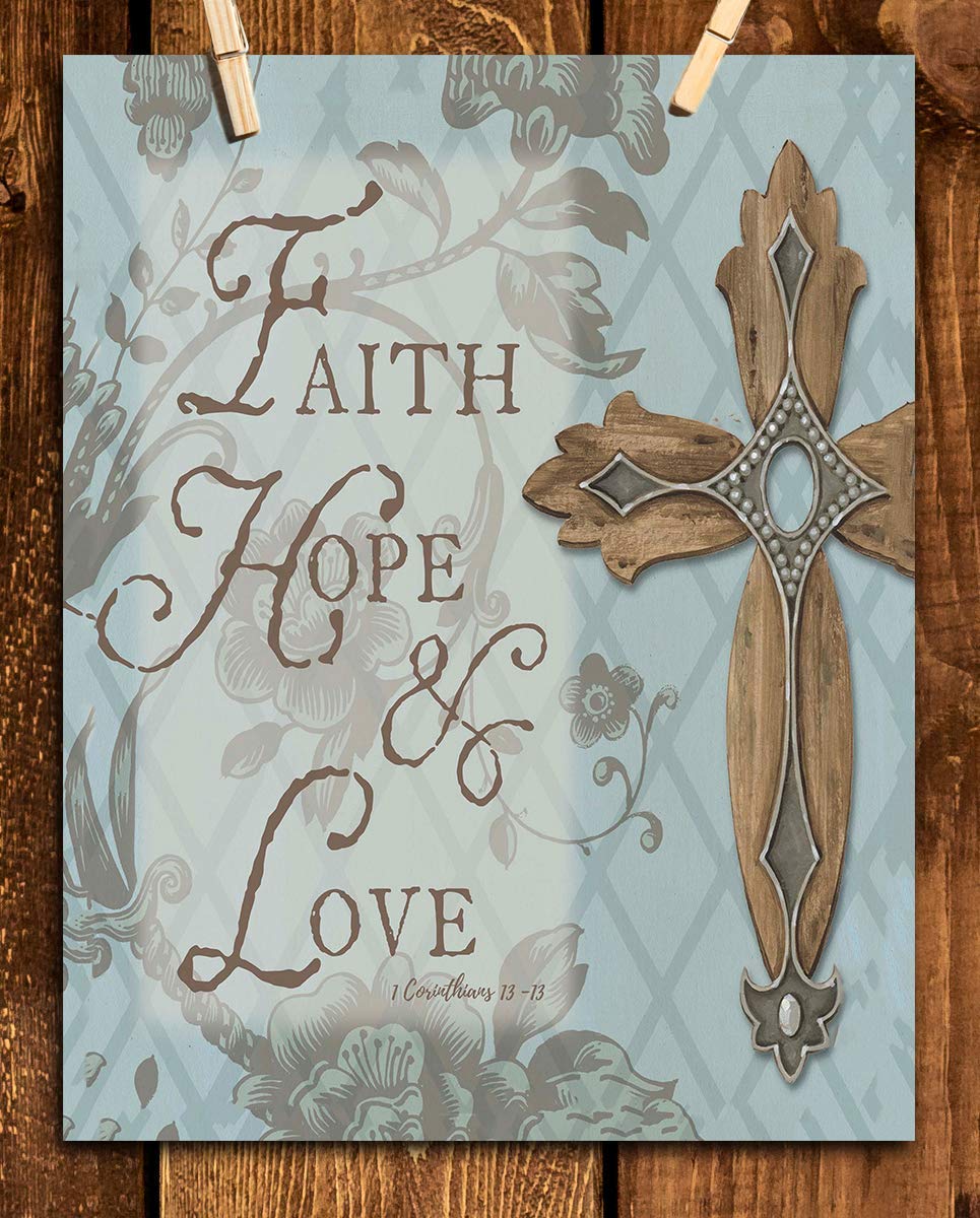 Faith, Hope &amp; Love-1 Corinthians 13:13- Bible Verse Wall Art- 8x10"- Scripture Wall Print-Ready to Frame. Elegant Typographic &amp; Floral Design. Home, Church &amp; Office D?cor. Perfect Christian Gift.