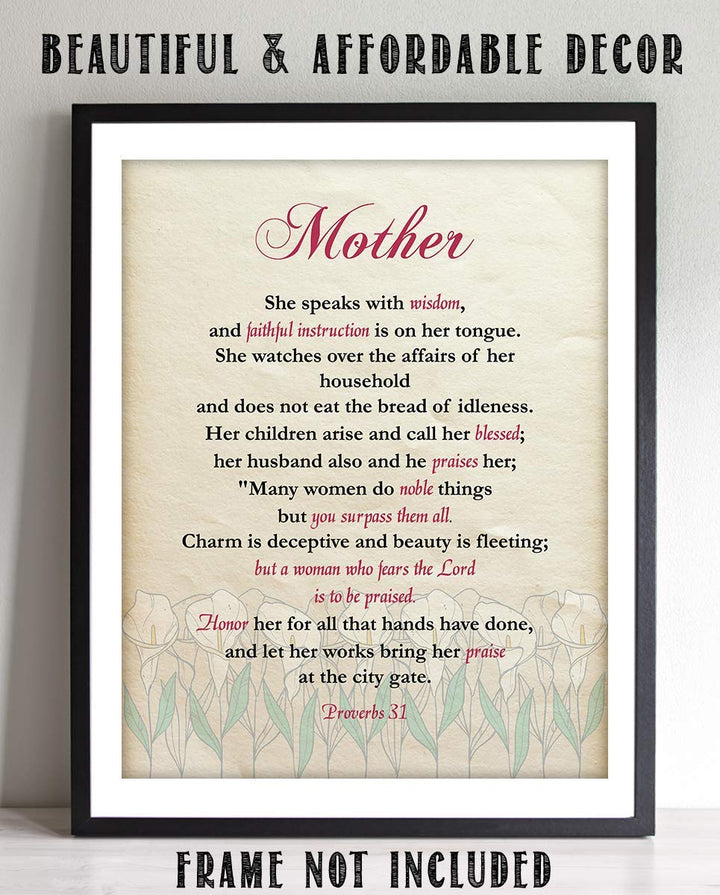 Mother- Honor &amp; Praise Proverbs 31- Bible Verse Art-8 x 10 Scripture Wall Art-Ready to Frame. Modern Typographic Floral Print. Home-Office D?cor. Lifetime Keepsake Gift for Any Mother &amp; In-Laws.