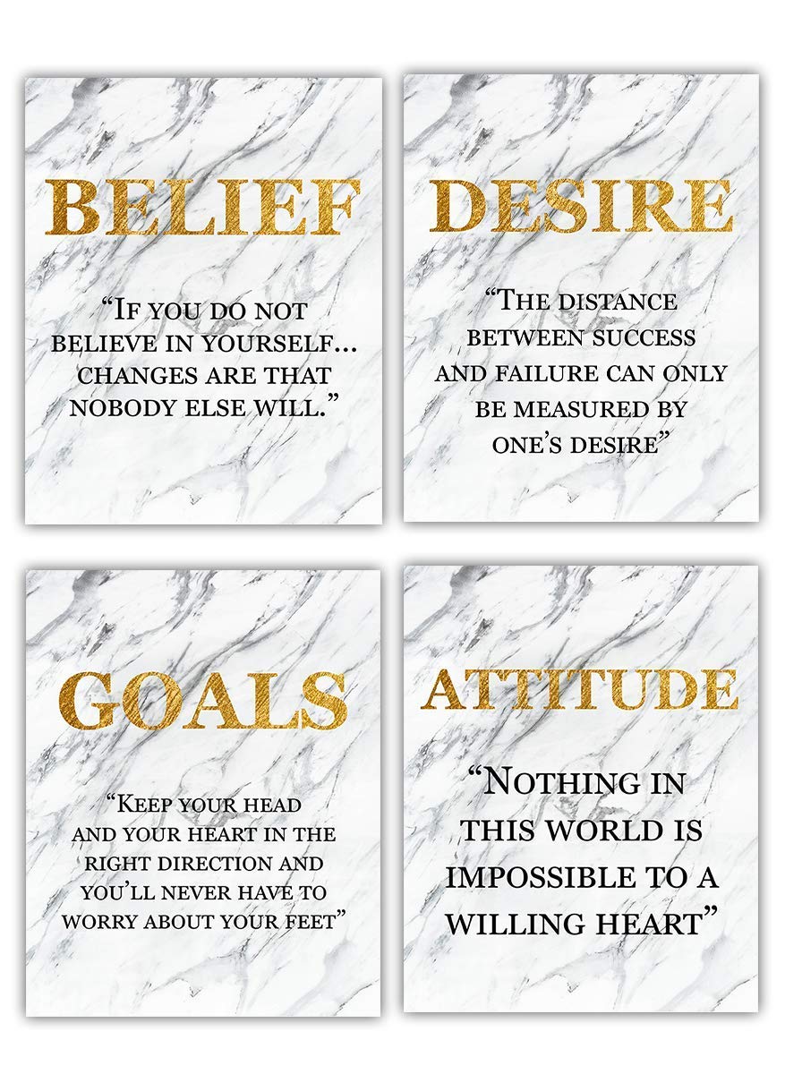 Success Traits &amp; Quotes Wall Art-4 Print Set-8 x 10"s Motivational Art Wall Prints-Ready to Frame. DESIRE-BELIEF-GOALS-ATTITUDE. Gold &amp; Granite Design-Home, Class &amp; Office D?cor. Grad-Executive Gift.