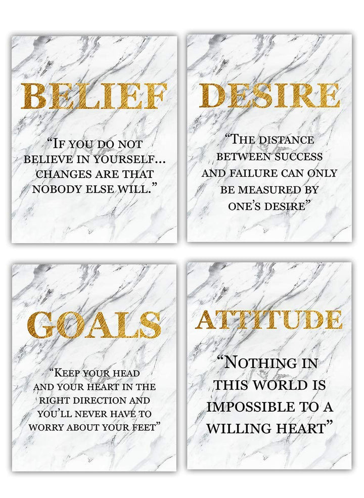 Success Traits &amp; Quotes Wall Art-4 Print Set-8 x 10"s Motivational Art Wall Prints-Ready to Frame. DESIRE-BELIEF-GOALS-ATTITUDE. Gold &amp; Granite Design-Home, Class &amp; Office D?cor. Grad-Executive Gift.