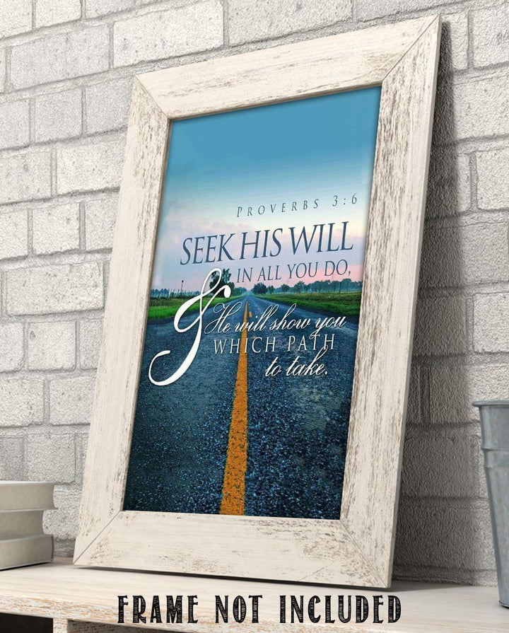 Seek His Will, He Will Show You Path Proverbs 3:6- Bible Verse Wall Art-8x10"- Modern Typographic Design Print. Scripture Poster Print-Ready to Frame. Home-Office-Church D?cor. Great Christian Gift.