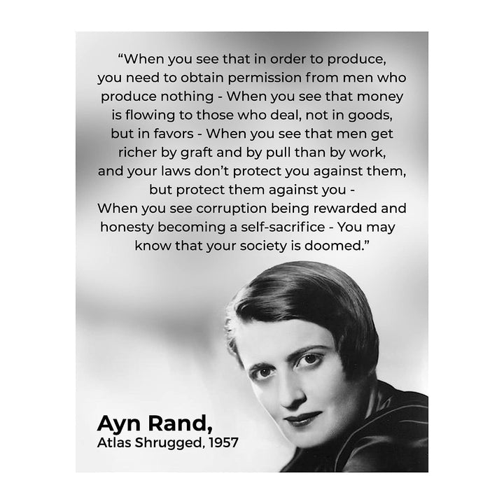 Ayn Rand Quotes-"Atlas Shrugged"-8 x 10" Typographic Political Wall Art Print w/Photo Image-Ready to Frame. Motivational Decor for Home-Office-Classroom-Library. Perfect Gift for History Fans!