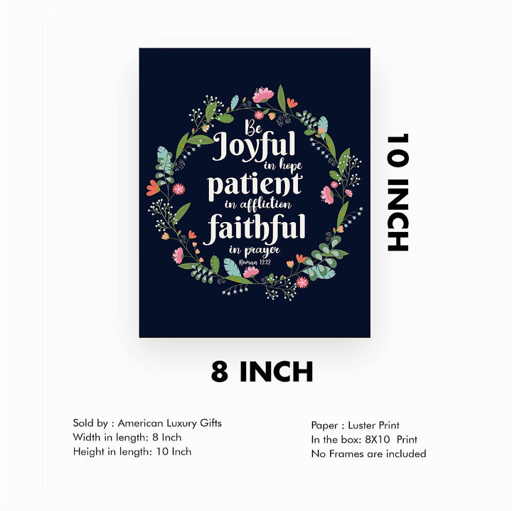 Be Joyful In Hope-Patient-Faithful-Bible Verse Wall Art -8 x 10" Floral Typographic Poster Print-Ready to Frame. Inspirational Christian Decor for Home-Office-Church &amp; Religious Gifts! Romans 12:12